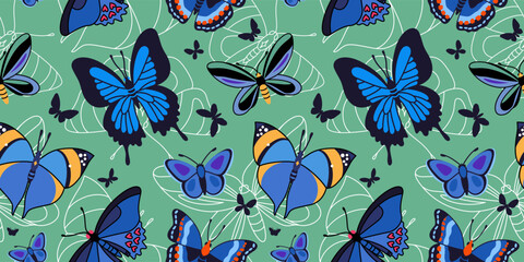 Seamless vector pattern with butterflies on green background. Pattern with insects for wrapping paper, fabric, design