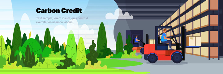 forklift loader loading parcel boxes on racks logistic delivery cargo service carbon credit concept horizontal copy space vector illustration