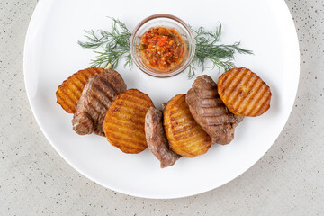 Meat with fried potatoes. The potatoes are cut like chips.