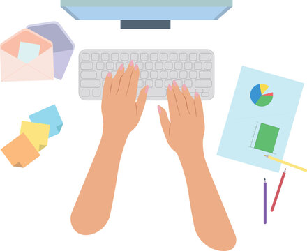 Woman hands on keyboard, workspace with blank, diagram, flat illustration, postal envelopes, pencils, stickery
