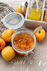 A jar of homemade peach jam.
