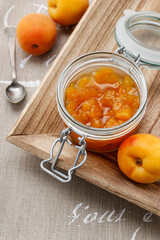 A jar of homemade peach jam.