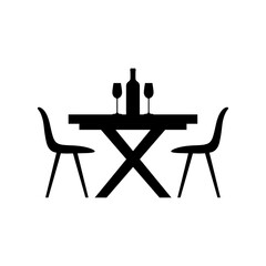 Table and chairs. Bottle of wine and two glasses on the table. Illustration of the cafe furniture isolated on white background. Flat vector for web design