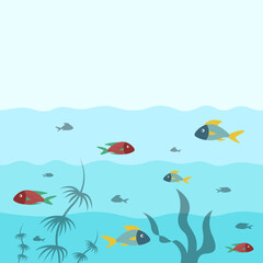 Fishes in the water among seaweeds. Vector illustration of cute exotic fishes in flat cartoon style
