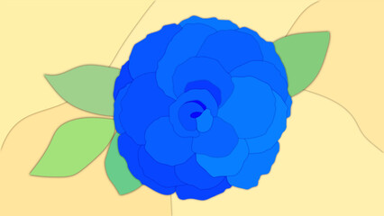 Original background in the style of paper cutting. Blue rose with leaves. Pastel background. Vector image.