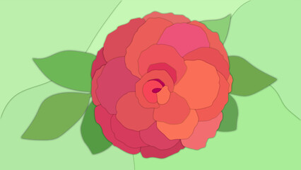 Paper cutting style. Red rose with leaves on a green background. Juicy graphic wallpapers. Vector image.
