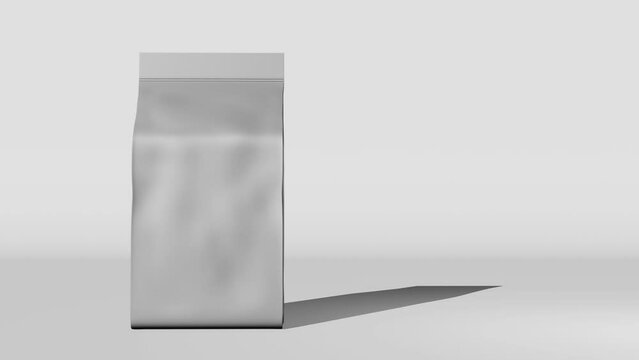 Silver standing box bottom pouch bag coffee branding 3D animation. Merchandise packaging design.Blank foil coffee beans Tea food snack sachet product template Shop delivery sale discount demonstration