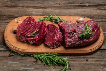 Beef Tenderloin fillet with rosemary and spices. Preparing fresh beef steak ready to cook, Long banner format. Restaurant menu, dieting, cookbook recipe. place for text. top view