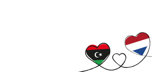 Fototapeta premium Drei verbundene Herzen mit der Flagge der Niederlande und Libyen