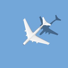 White 3d plane render with a shadow on a blue background. Airplane travel background illustration. 3D Rendering.