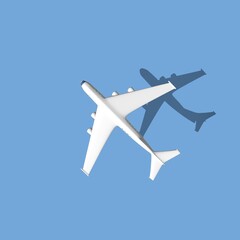 White 3d plane render with a shadow on a blue background. Airplane travel background illustration. 3D Rendering.