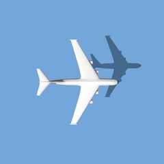White 3d plane render with a shadow on a blue background. Airplane travel background illustration. 3D Rendering.