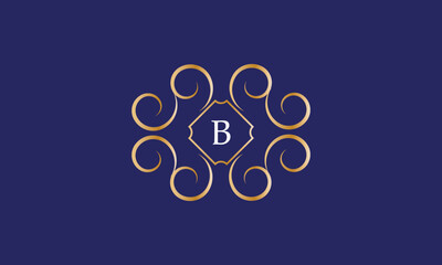 Abstract logo sign with letter B in the center. Gold monogram on a blue background