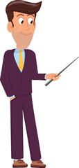 Man with wooden stick. Cartoon teacher character. Business mentor