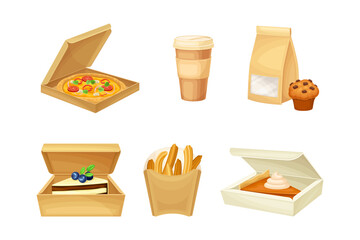 Food boxes set. Tasty dishes, desserts and coffee in disposable takeaway paper packages flat vector illustration