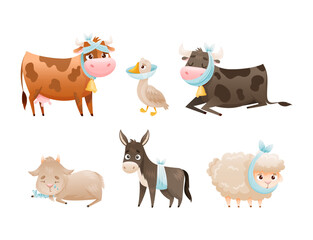 Set of sad sick animals. Unhappy cow, goose, sheep, donkey, goat wounded or after surgery farm animals cartoon vector illustration