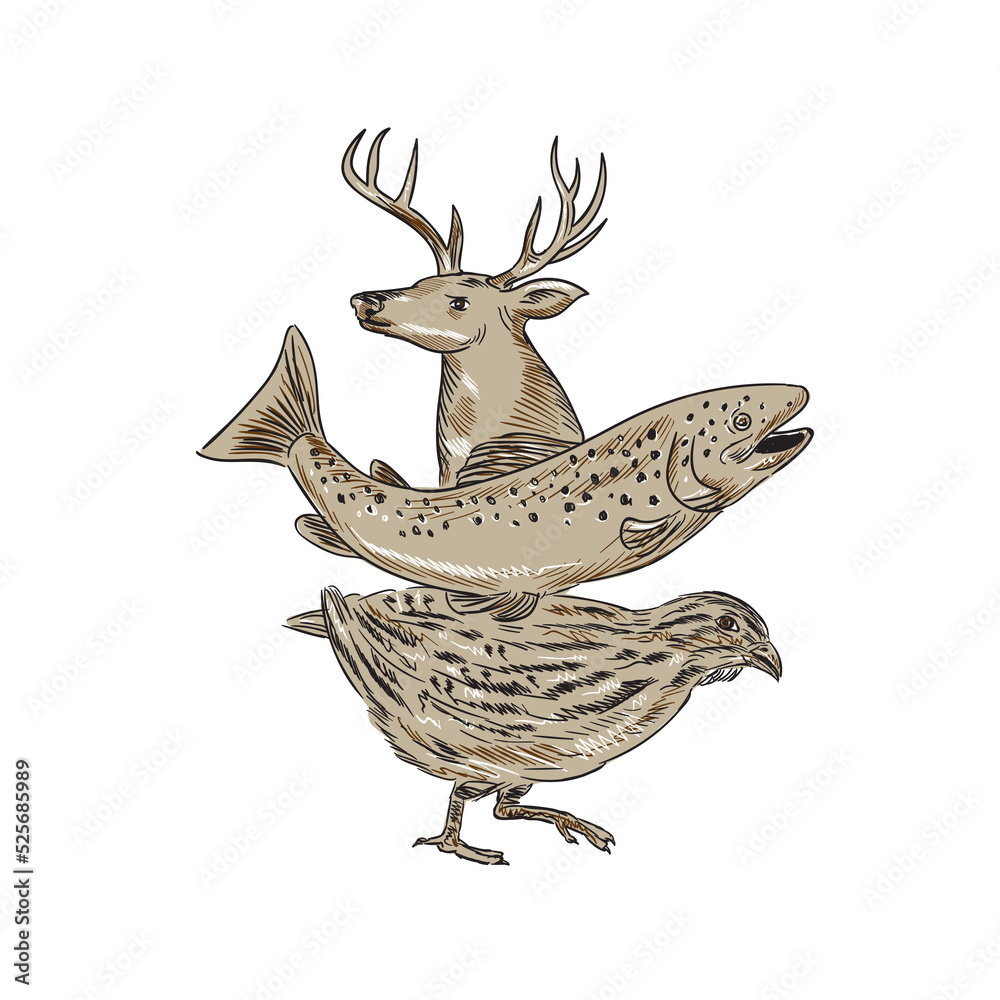 Canvas Prints Deer Trout Quail Drawing