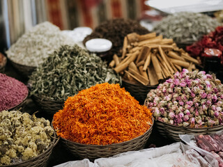 Spices in Baku market - Azerbaijan: seeds and other plant substance primarily used for flavoring or coloring food