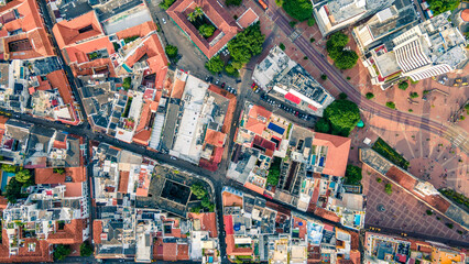 Cartagena Colombia Old Town - Aerial Drone View, center historic, city streets Cartagena colombia