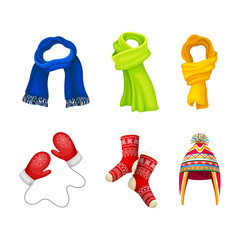 Knitted warm clothes for winter set. Bright colorful scarf, hat, mittens, socks cartoon vector illustration