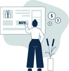 Online shopping concept. Woman pressing buy button