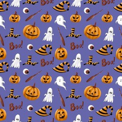 Halloween seamless pattern with set of cartoon illustration on Very Peri background. Trick or treat. Ghost, pumpkins, broom, eye, boo, hat. Mystery and creepy.
