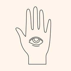 Outline retro groovy hand with one eye. 60s and 70s vibes psychedelic vector clipart in line art style. Cartoon future prediction silhouette. Vintage boho illustration. Abstract trippy art