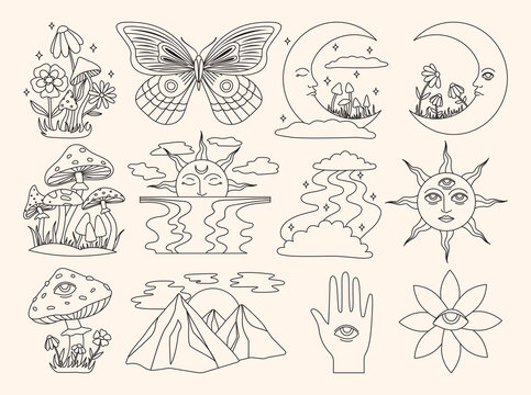 Outline vector set of 60s and 70s psychedelic clipart. Groovy mushrooms, flowers, sun, moon, butterfly in line style. Cartoon hippie silhouettes. Vintage boho illustrations. Abstract trippy art