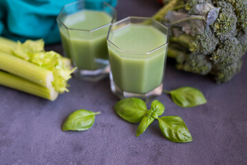delicious healthy vegetable smoothie with basil and broccoli