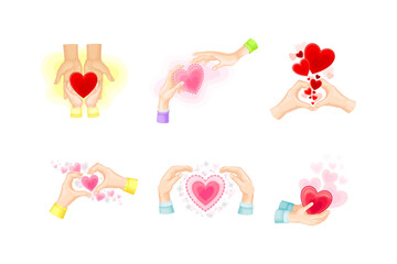 Set of hands holding red and pink hearts. People expressing love cartoon vector illustration