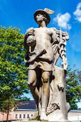 Statue of the antique god of commerce, merchants and travelers Hermes Mercury at Borsen stock...