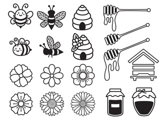Bee bundle. Bumble bee set. Beehive, Honey jar, Queen bee. Honey dipper. Cute cartoon bugs