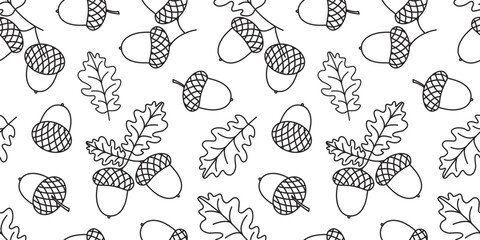Acorn vector seamless pattern, oak leaf, nut and branch, black outline silhouette isolated on white background. Christmas simple print