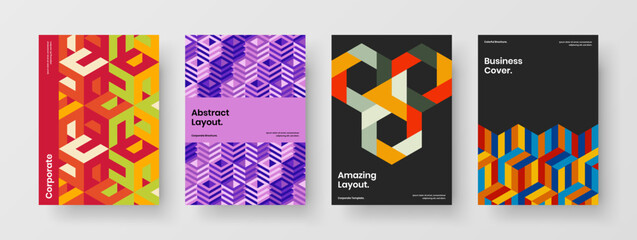 Bright annual report vector design layout collection. Simple mosaic pattern leaflet concept set.