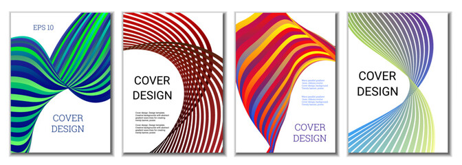 A set of 4 abstract covers. Wavy parallel gradient lines, ribbons evolve. Cover design, background. Trendy banner, poster.