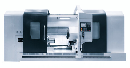 Manufacturing professional lathe machine . Industrial concept. Programmable modern digital lathe...