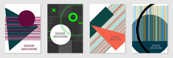 Set of cover design in Memphis style. Geometric design, abstract background. Fashionable bright cover, banner, poster, booklet. Creative colors.