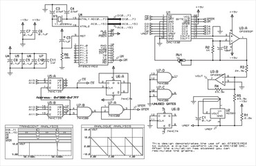 Vector electrical schematic diagram. This design demonstrates the 
use of an AT89C51RD2 
to output a digital waveform using a DAC1230 DAC.  - obrazy, fototapety, plakaty