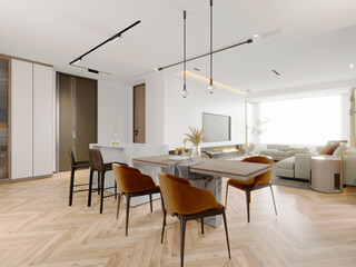 3d render of modern home interior, living and dining room