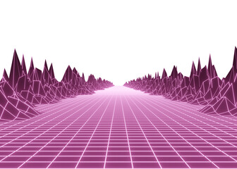 3D 80`s video game style. Neon grid perspective with mountains.