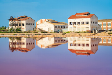 Fototapeta na wymiar Cityscape of the Pink Lagoon of Torrevieja and its Salt Mines (Alicante, Spain)