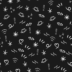 Vector graffiti seamless pattern with abstract tags, letters without meaning, fashion hand drawing texture, street art retro style, old school design for t-shirt, textile, wrapping paper, black white.