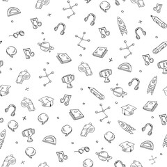 Seamless pattern on white background children's school doodles, cups, medals, whistle, books, vector.