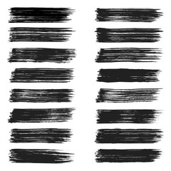 Brush stroke set isolated on white background, collection of brush stroke for black ink paint, grunge backdrop, dirt banner, water design and dirty texture, creative art concept, vector illustration.