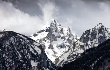 Snow Covered Mountains in American Landscape. Spring Season. Grand Teton National Park. Wyoming, United States. Nature Background.