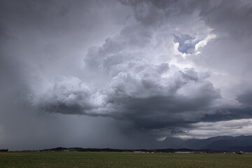 Destructive supercell storm bringing rain and wind over the farm field