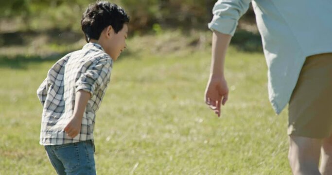 Happy father and son playing football in park,4K