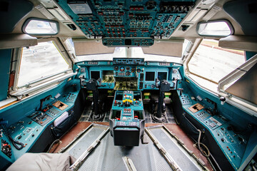 Inside the cockpit of an old airplane