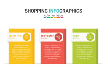 Concept of shopping process with 3 successive steps. Three colorful graphic elements. Timeline design for brochure, presentation, web site. Infographic design layout.
