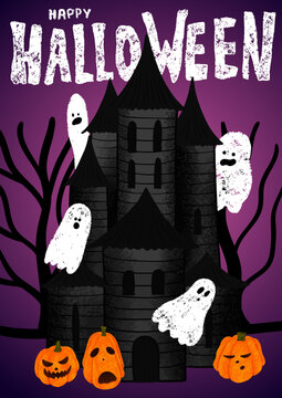 Happy Halloween poster with house of ghosts silhouette, pumpkins, dark forest. Chalk lettering